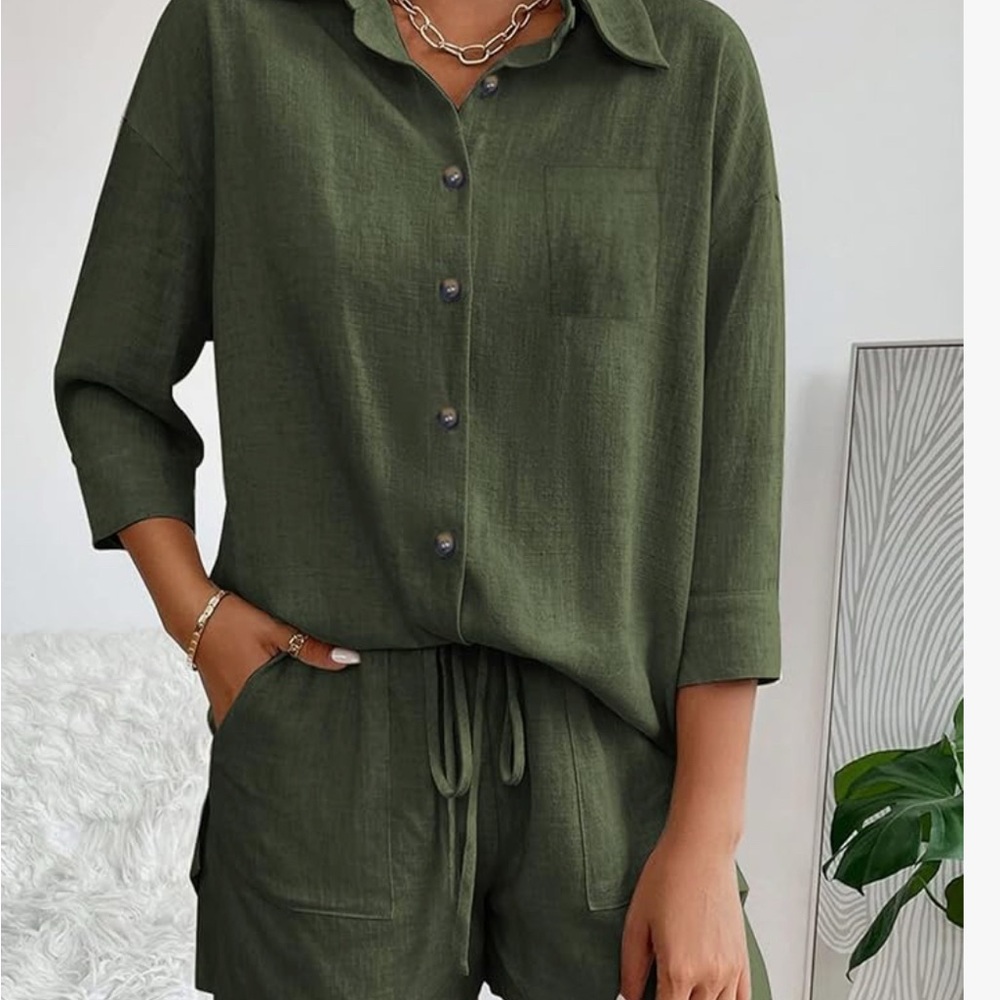 Olive Green Button Up & Shorts Coordinated Summer Set